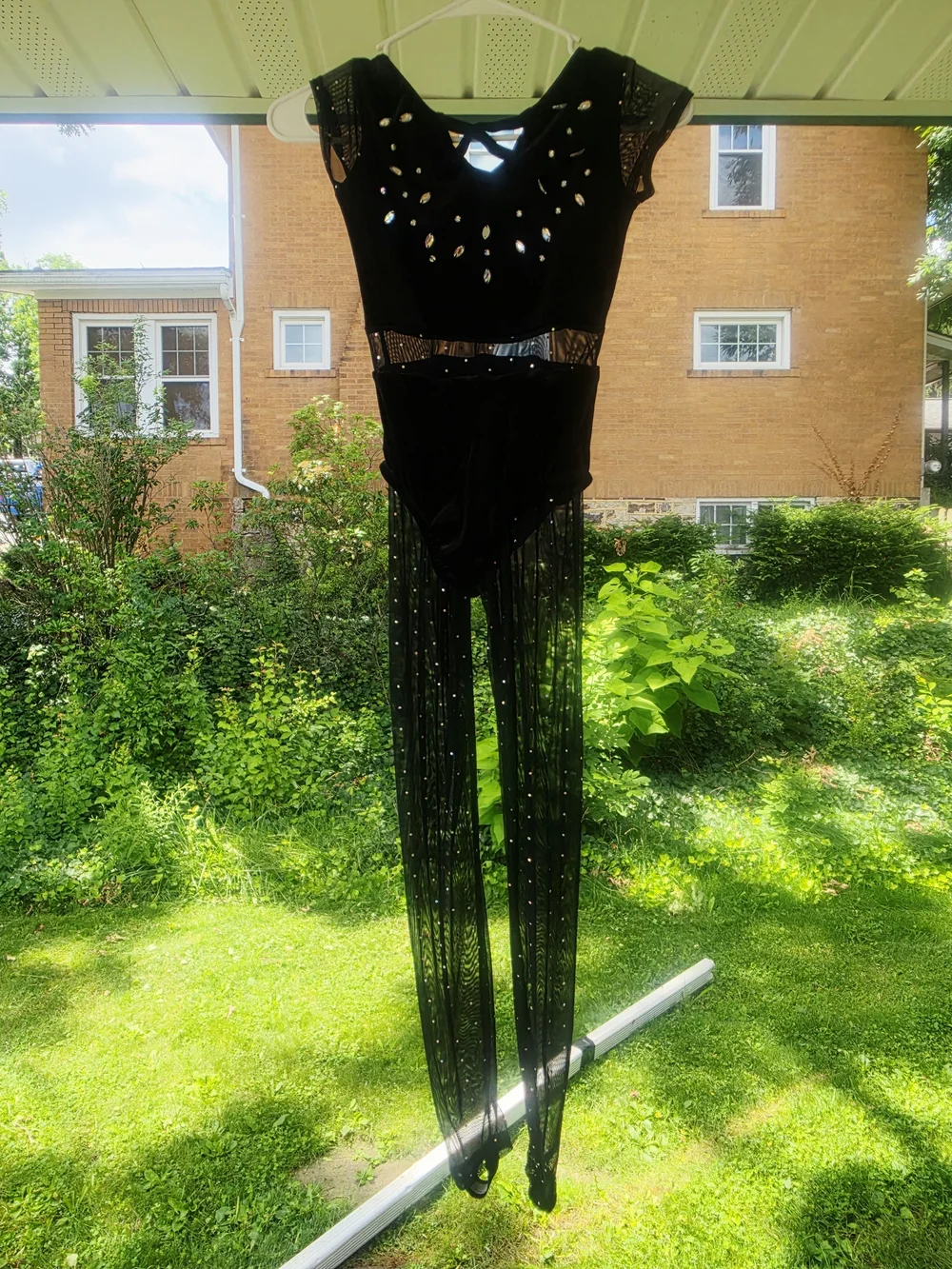 Black Sparkle Girls' Dance Costume with Sheer Rhinestone Fringe